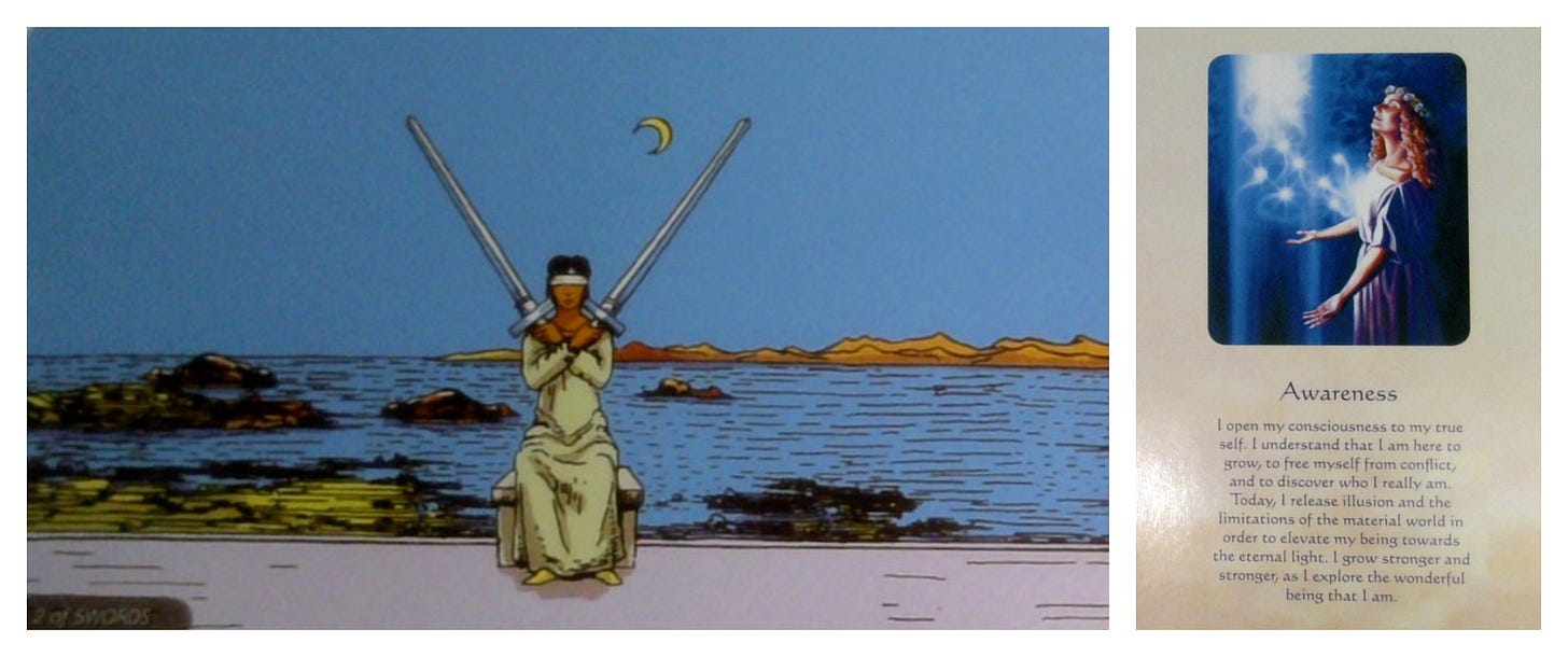 The 2 of Swords tarot card and the Awareness oracle card.