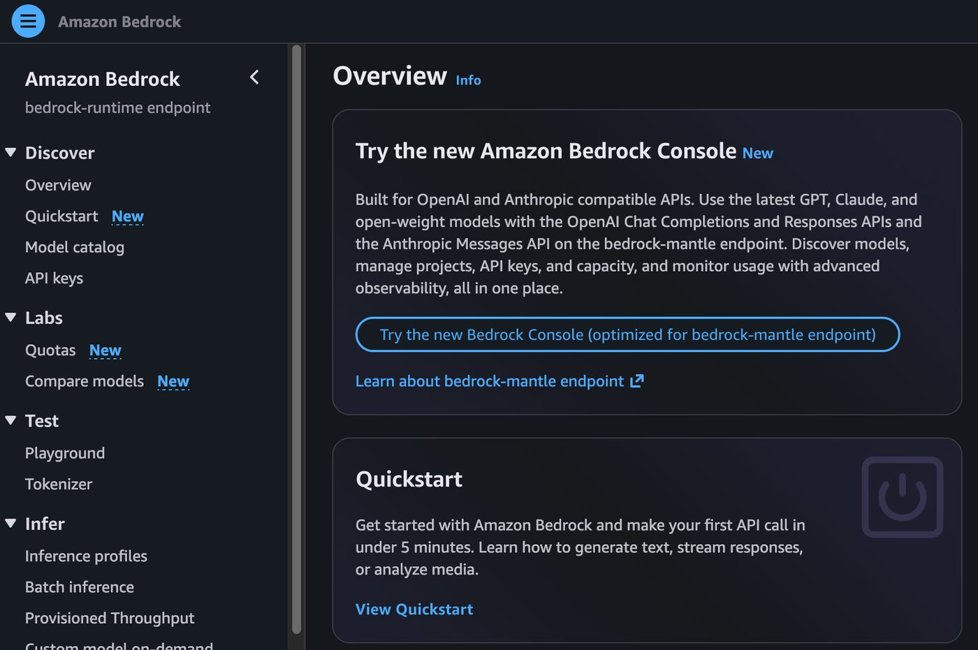 The Bedrock Overview page, with the prompt to switch to the new console built for the bedrock-mantle endpoint. The Bedrock Overview page, with the prompt to switch to the new console built for the bedrock-mantle endpoint.