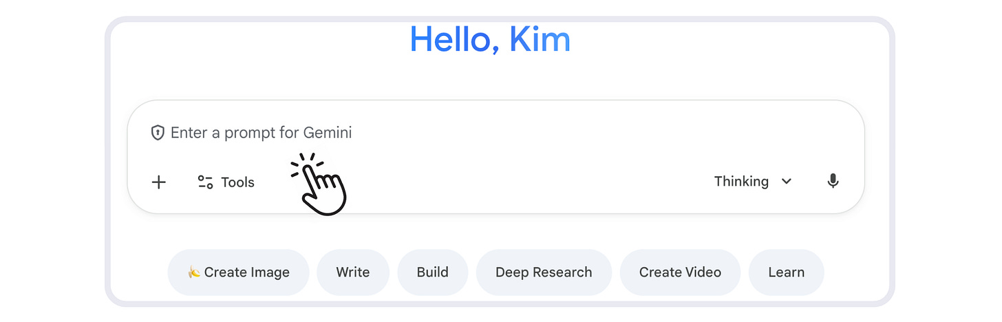 Screenshot of Google Gemini chatbot interface showing the main prompt input field with "Enter a prompt for Gemini" placeholder text, a Tools button, and Thinking mode dropdown. Below are action buttons including Create Image, Write, Build, Deep Research, Create Video, and Learn.