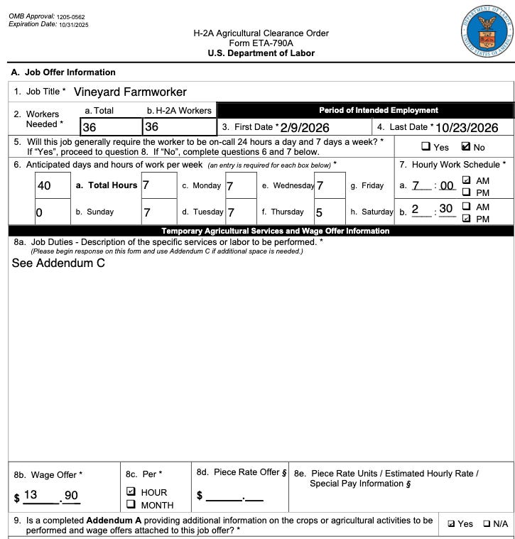 A screenshot of Trump Winery's H-2A agriculture clearance order