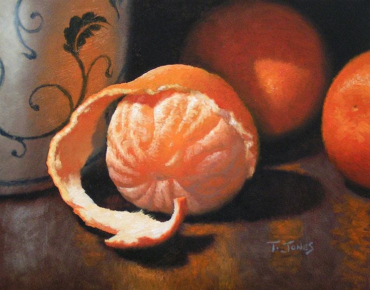 This may contain: an oil painting of oranges and a coffee cup on a brown tablecloth with swirl designs