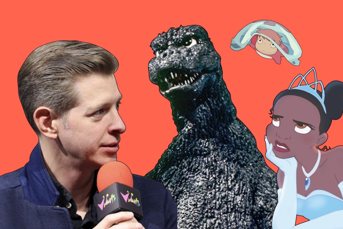 A collage featuring Sean, Godzilla, Ponyo, and Tiana from The Princess and the Frog