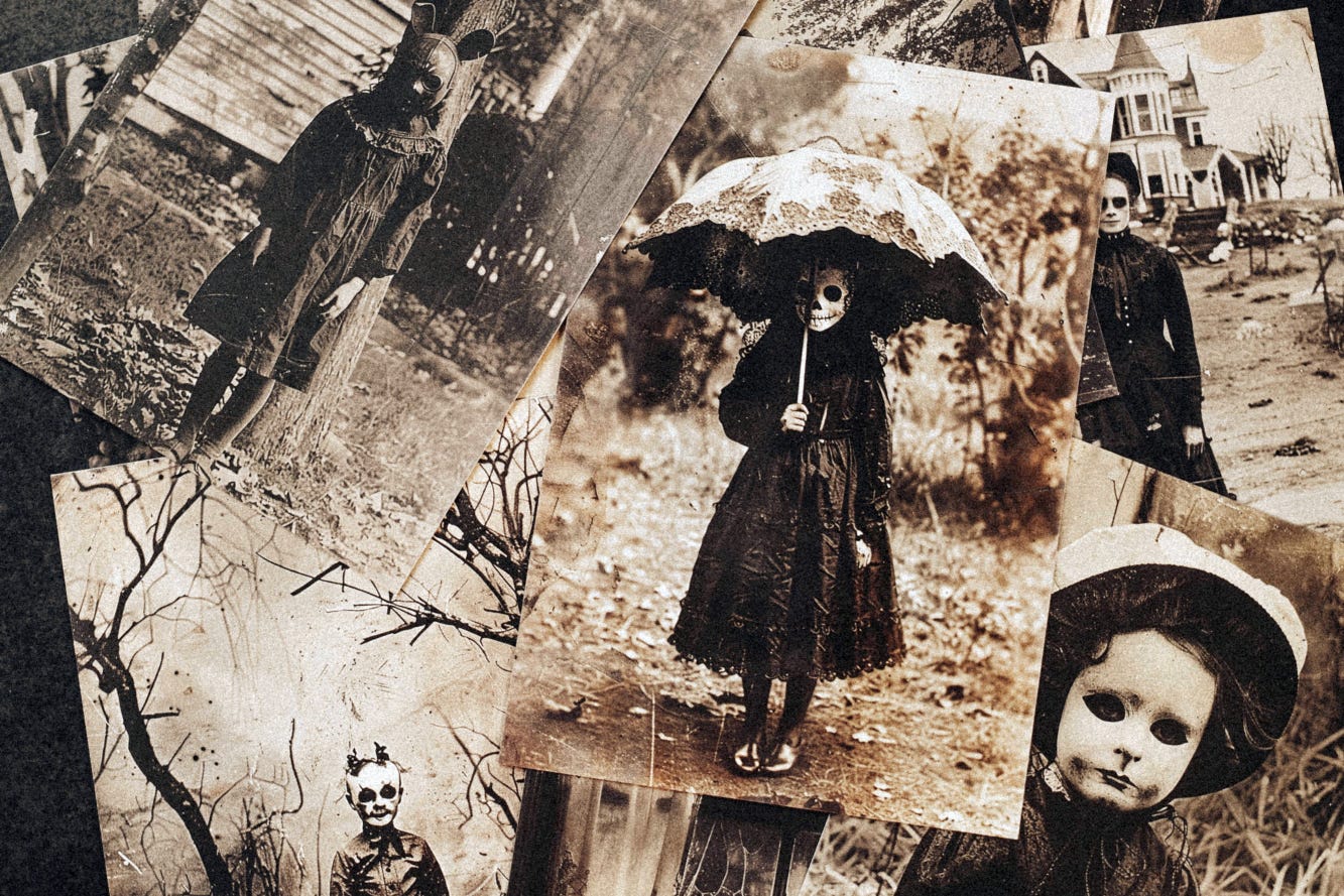 A sepia vintage photographic montage of eerie masked children.