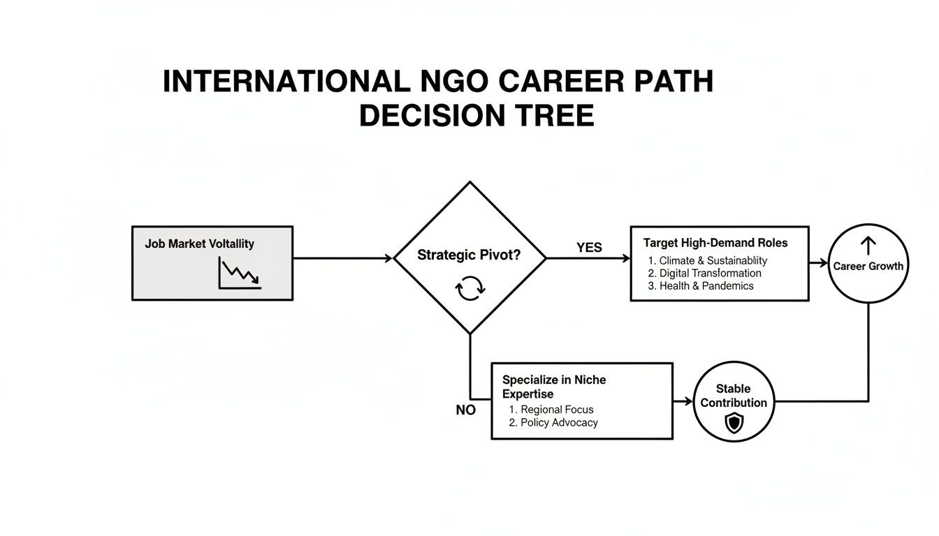 Decision tree for international NGO career path, showing strategies based on job market volatility. Decision tree for international NGO career path, showing strategies based on job market volatility.