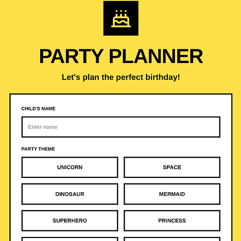 screenshots of a Party Planner app page