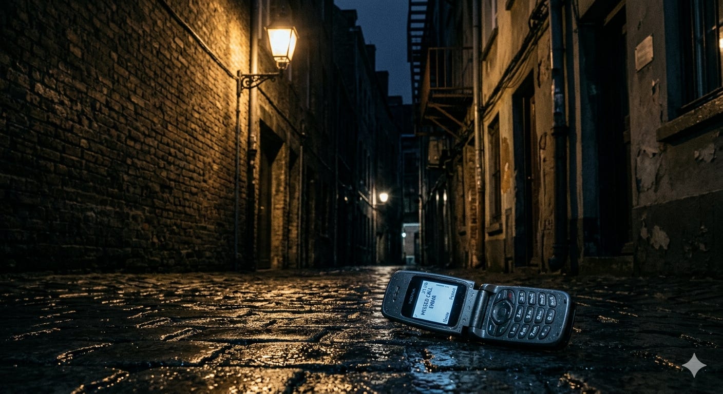 A mobile phone lies in a deserted alley.