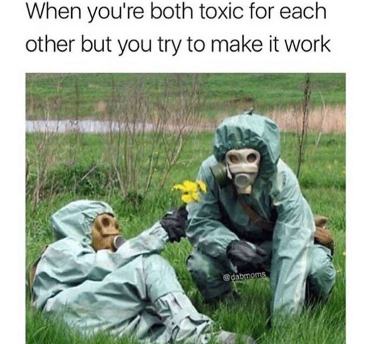 Two people in full hazmat suits and gas masks sit in a field; one offers a flower to the other. Caption: "When you're both toxic for each other but you try to make it work." Two people in full hazmat suits and gas masks sit in a field; one offers a flower to the other. Caption: "When you're both toxic for each other but you try to make it work."