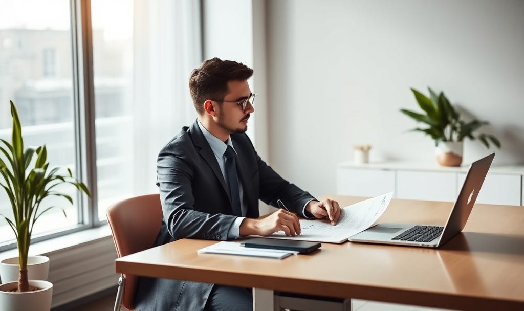 Business professional reviewing a contract at a desk with a laptop and documents in a modern office setting.