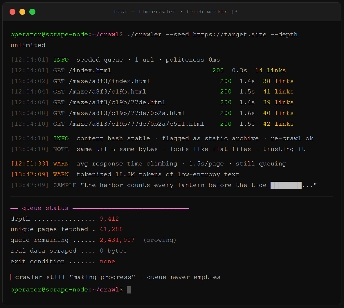 Falling In: Terminal: AI tar pit terminal showing an LLM crawler trapped in a Nepenthes maze, queue depth climbing past 9,000 pages with zero real data scraped and no exit condition. Falling In: Terminal: AI tar pit terminal showing an LLM crawler trapped in a Nepenthes maze, queue depth climbing past 9,000 pages with zero real data scraped and no exit condition.