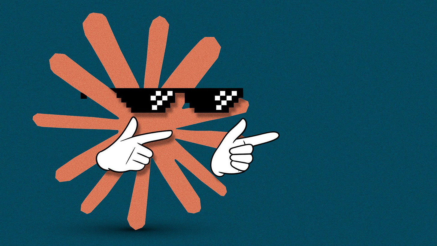 Illustration of the Claude AI logo wearing cool sunglasses and throwing up finger guns. 