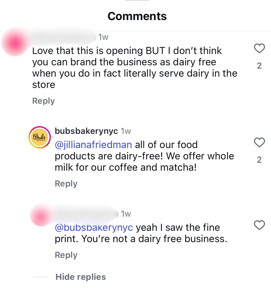 bub's bakery instagram comment