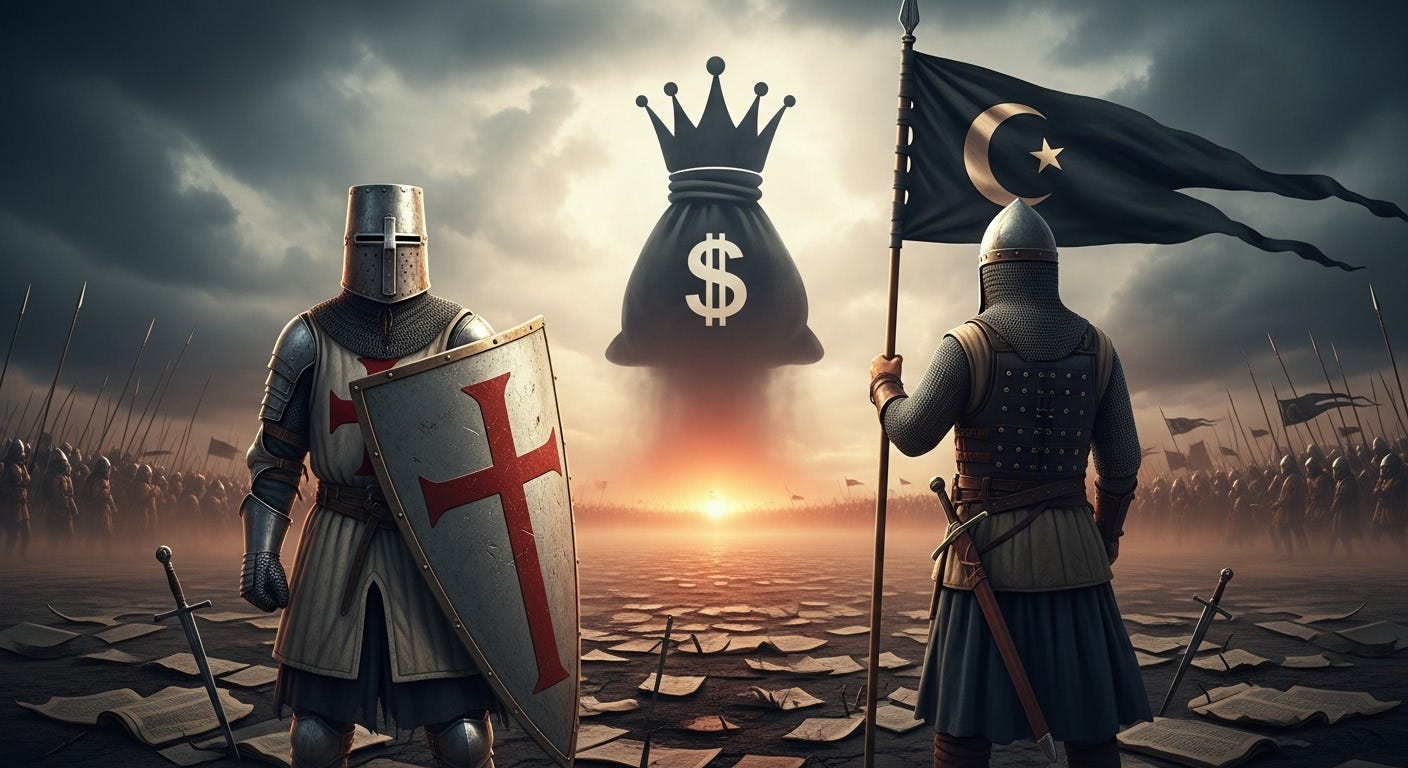 A dramatic split-screen image of a Crusader knight and a Muslim warrior facing each other under stormy skies, with a giant shadowy crown-and-money symbol rising between them to represent political greed behind the Crusades and Jihad.