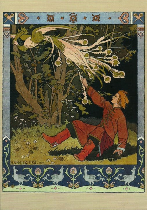 Hero of Russian folklore, Ivan Tsarevich catches the Firebird who tries to steal golden apples. Hero of Russian folklore, Ivan Tsarevich catches the Firebird who tries to steal golden apples.