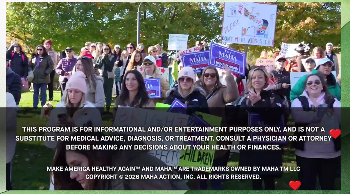 The image depicts a group of people, likely in a protest or rally, holding signs with messages promoting the MAHA program, which emphasizes the importance of consulting a physician or attorney before making health or financial decisions.

AI-generated content may be incorrect.