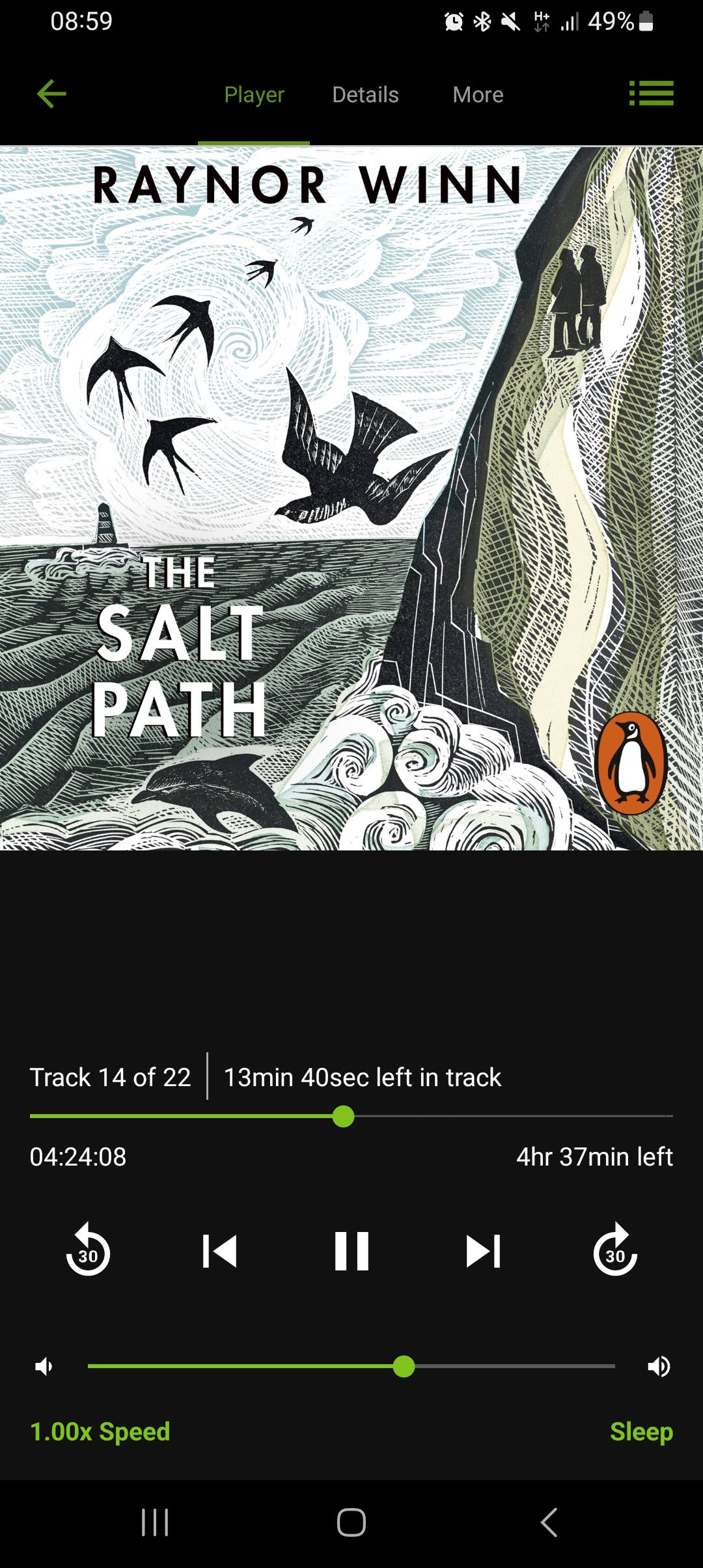 Phone screenshot of audiobook playing 'The Salt Path' by Raynor Winn