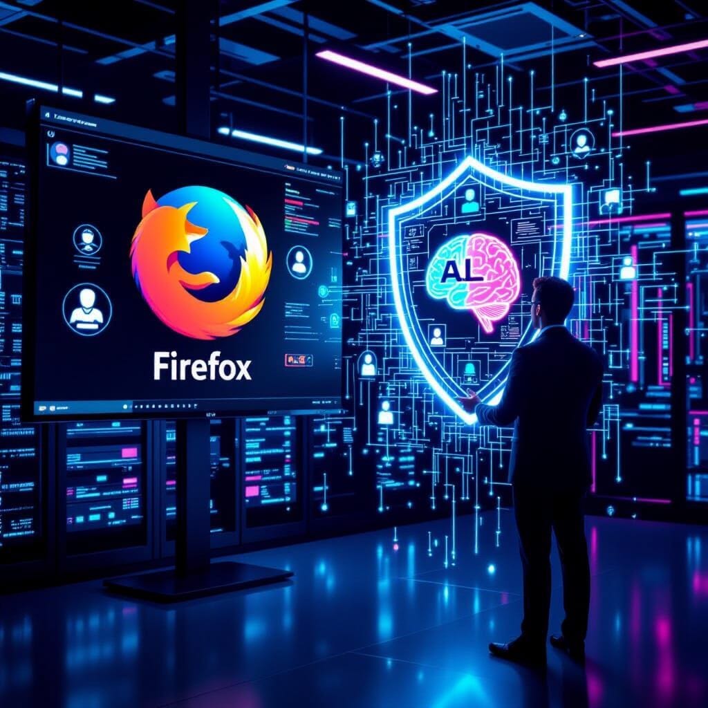 Wide-angle interior shot of a secure enterprise server room. An IT security manager stands before a large screen display…