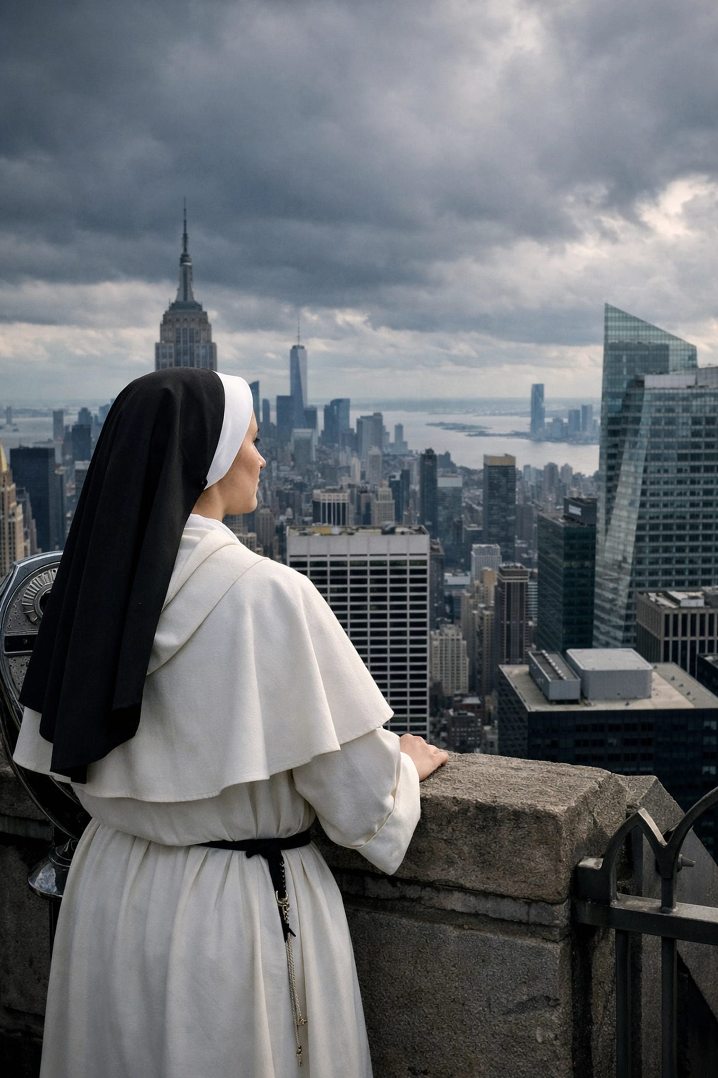 Dominican Sister in habit overlooking the New York City skyline with quiet strength and conviction. Dominican Sister in habit overlooking the New York City skyline with quiet strength and conviction.