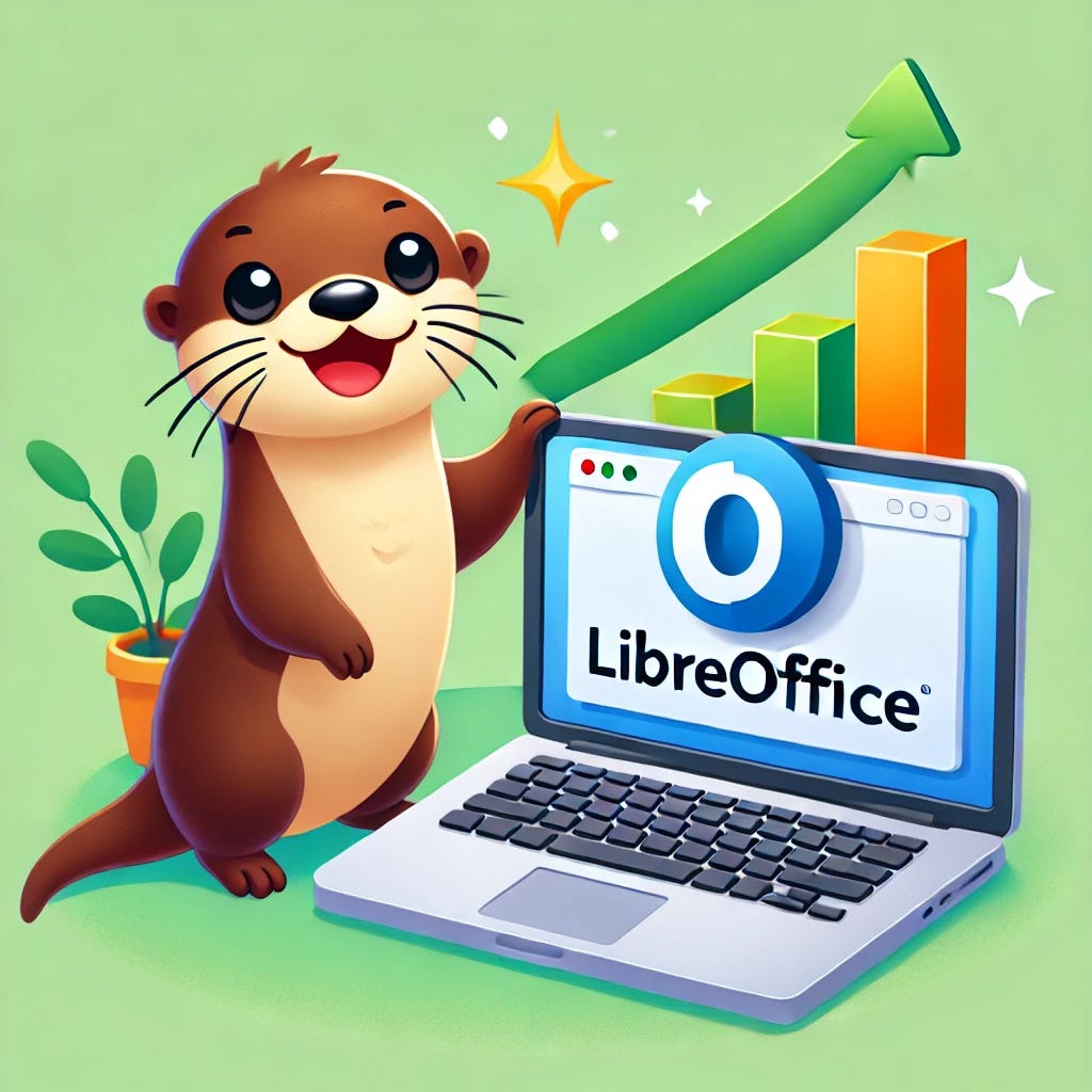 A cheerful otter sitting next to a laptop with the LibreOffice logo on the screen, symbolizing the growth of open-source software. The otter is smiling, and the background is bright and optimistic.