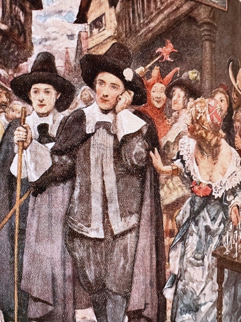 May include: A painting depicting a group of people in 17th century clothing, including a man in a black hat and a woman in a white dress. The scene is set in a street with buildings in the background. May include: A painting depicting a group of people in 17th century clothing, including a man in a black hat and a woman in a white dress. The scene is set in a street with buildings in the background.