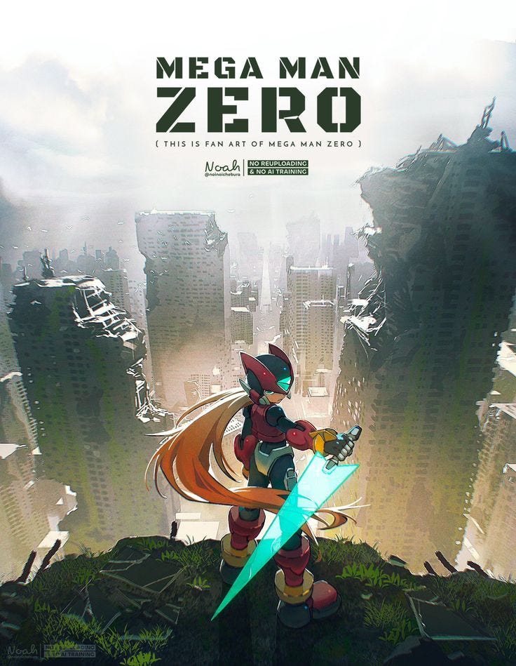 This may contain: the poster for mega man zero is shown in front of a cityscape with skyscrapers