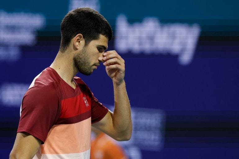 Carlos Alcaraz (ESP) reacts after missing a shot.