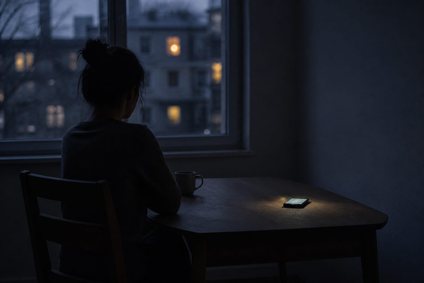 A solitary person sits at a table by a window at dusk, facing a softly glowing phone just beyond their reach. A solitary person sits at a table by a window at dusk, facing a softly glowing phone just beyond their reach.