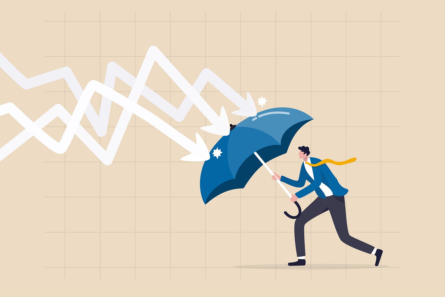 Illustration of a man defending himself from arrow indicators with an umbrella Illustration of a man defending himself from arrow indicators with an umbrella