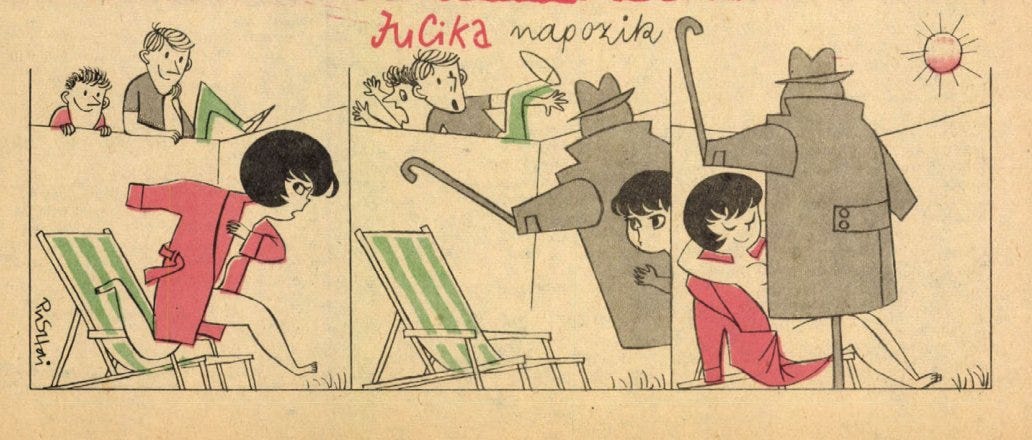 Jucika flees from sunbathing as two boys peek over the fence. She hides behind the silhouette of a threatening man with a cane, scaring the boys off. In the final panel, she sunbathes peacefully behind what’s revealed to be a coat-wearing scarecrow on a stand. Jucika flees from sunbathing as two boys peek over the fence. She hides behind the silhouette of a threatening man with a cane, scaring the boys off. In the final panel, she sunbathes peacefully behind what’s revealed to be a coat-wearing scarecrow on a stand.