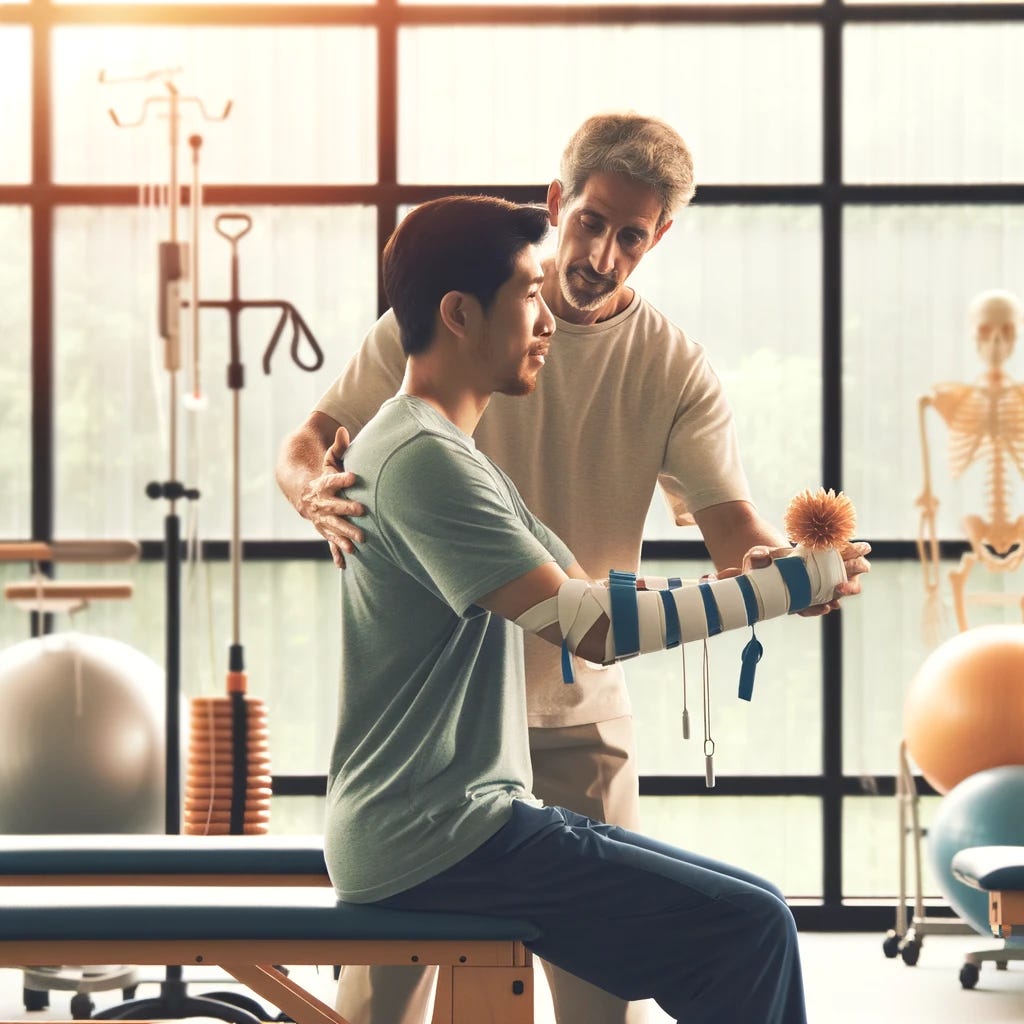 An inspiring and hopeful scene in a rehabilitation center, showing a person with stroke undergoing physical therapy for arm and hand rehabilitation. The setting is bright and filled with rehabilitation equipment, but focuses on the interaction between the patient and the therapist. The patient, seen from the side, is engaging in exercises that involve gentle stretching and reaching movements, under the close guidance of the therapist. The therapist, a figure of support and encouragement, is attentively assisting the patient, ensuring the correct posture and movement. The environment suggests warmth, encouragement, and a path towards recovery, without any artificial limbs or devices.