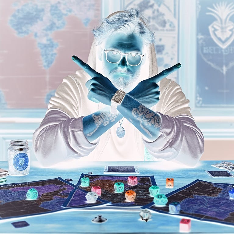 An image made by an AI of a hipster-looking man in a hoody crossing his hands in an 'x' shape at a D&D table. I have color-inverted the image to make it somehow even more upsetting to look at.