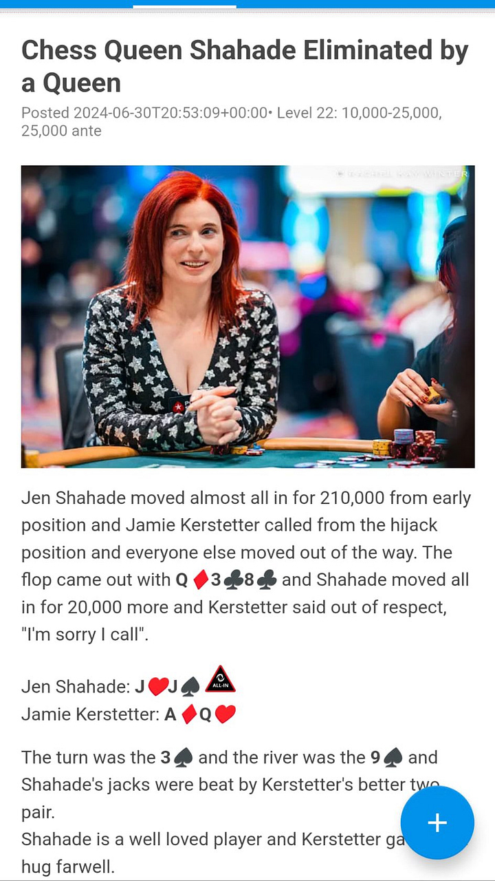 Pic of Jamie and Jennifer in a Rose Garden on the Left, Pic of Jen at the poker table, just before she was eliminated by Jamie in the 2024 WSOP Ladies Event