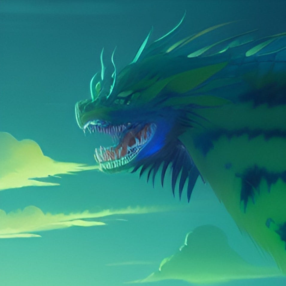 A.I. image of the head of a blue-green Chinese dragon