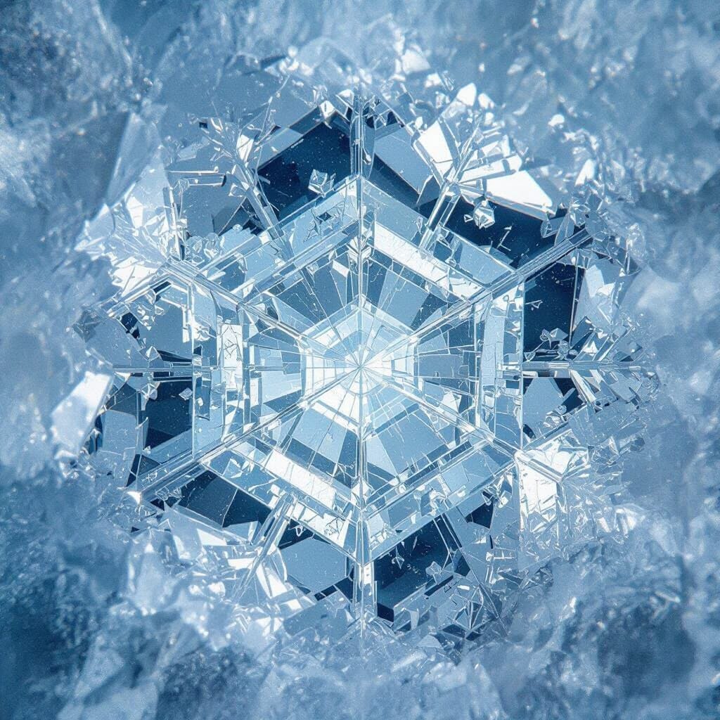 The intricate, geometric structure of a giant ice crystal, magnified to reveal its multiple, perfect layers. A soft, int… The intricate, geometric structure of a giant ice crystal, magnified to reveal its multiple, perfect layers. A soft, int…