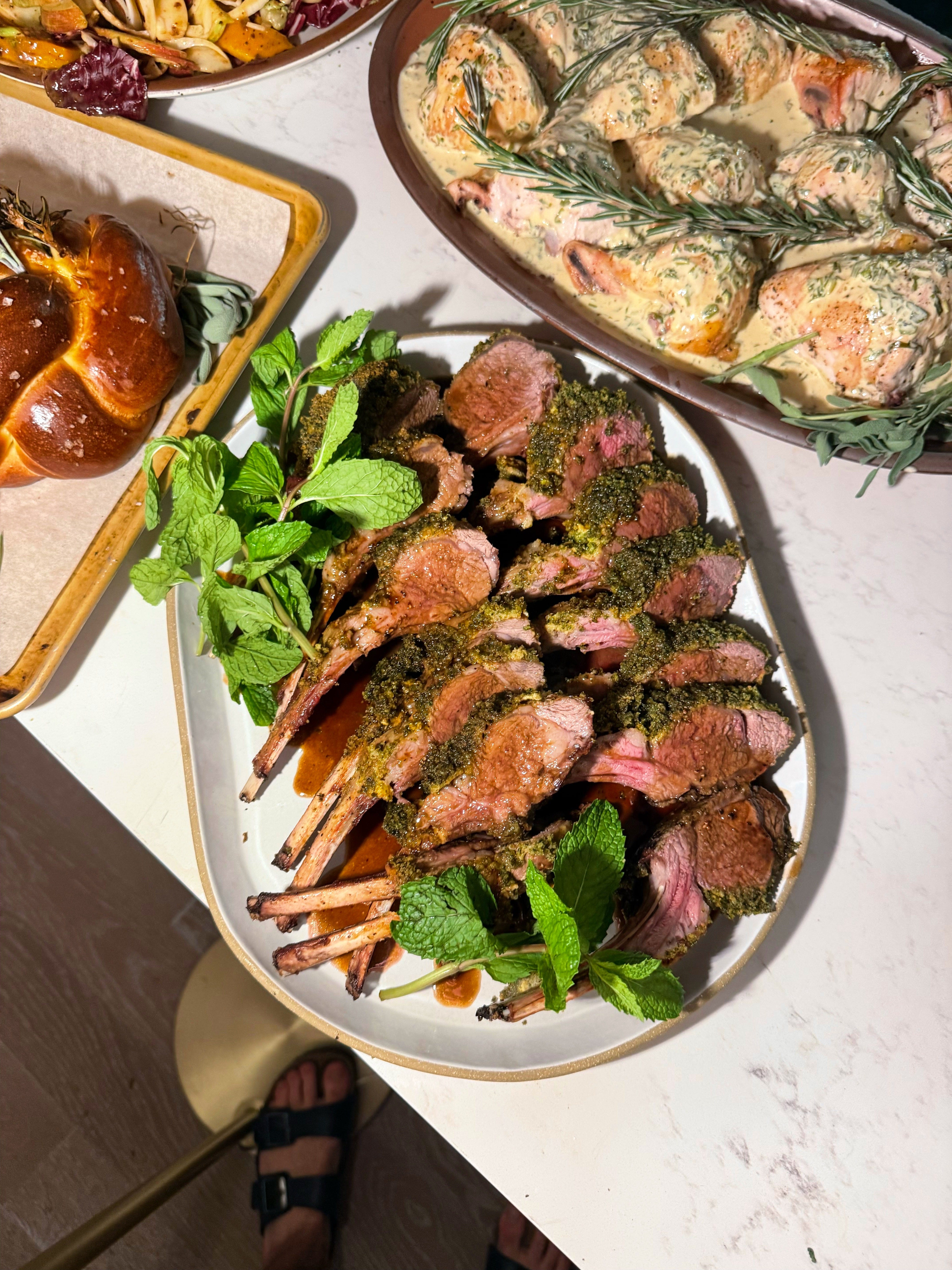dinner party: mint pomegranate lamb chops, tarragon chicken, challah