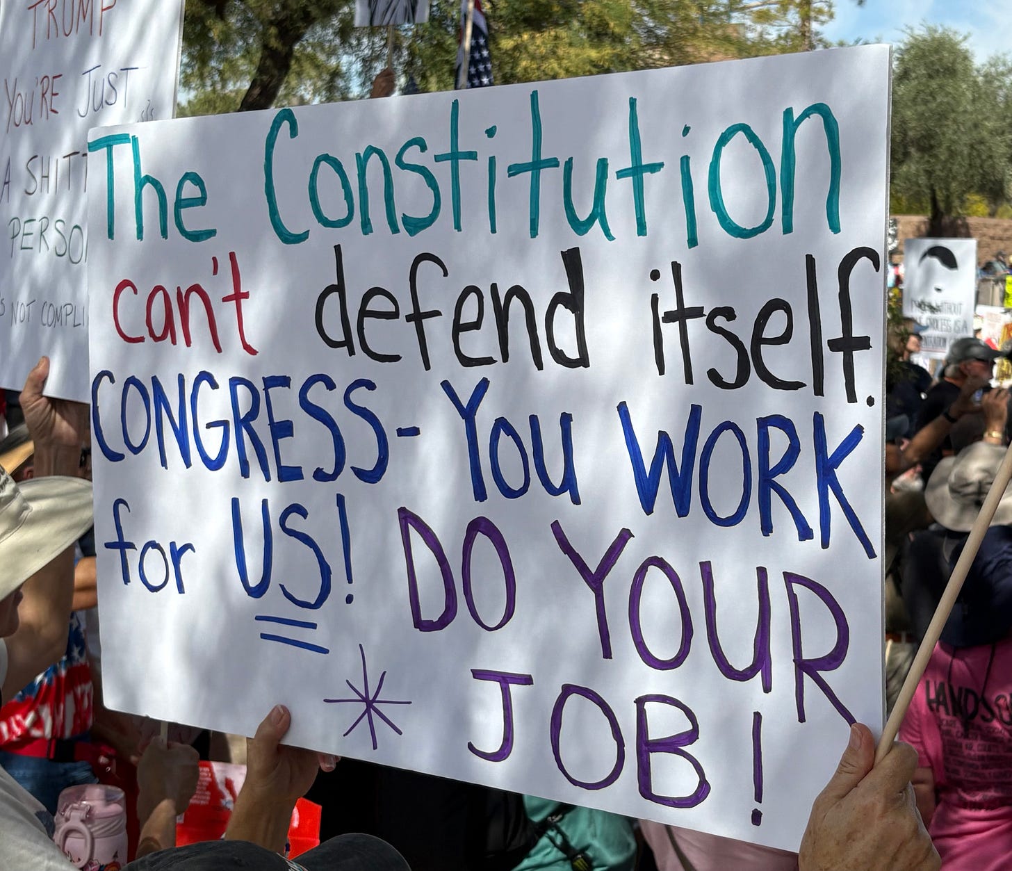 A sign being held up in front of the camera in a large group of protesters. (In the background we can see one with a Hitler mustache.) The sign reads: The Constitution Can't Defend Itself. Congress, you work for us! Do your job!