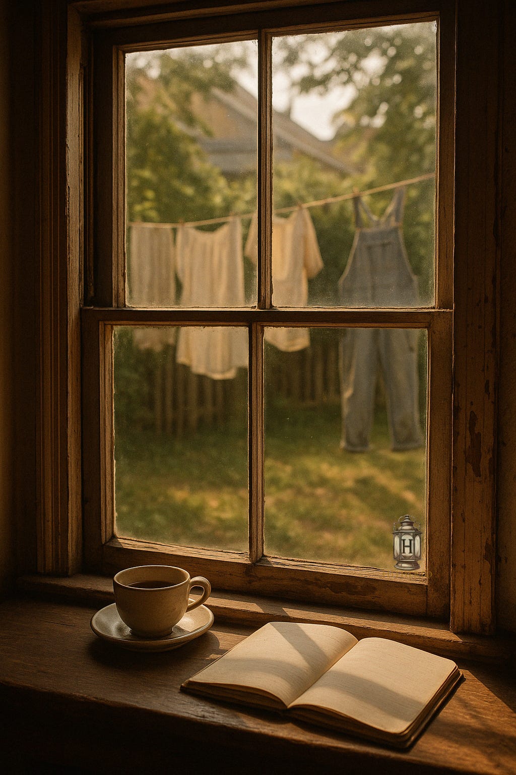 a teacup and book on a wooden windowsill. The large window behind shows us a clothesline with some garments hanging from it, under the sun. 