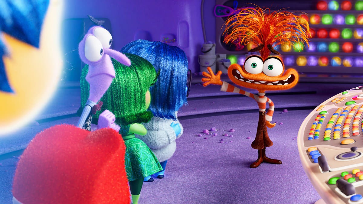 Anxiety greeting the other anthropomorphic emotions in "Inside Out 2"
