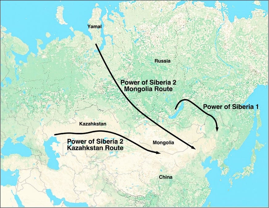 Figure 1. Map showing Power of Siberia 2 proposed routes through Mongolia and Khazahkstan, and Power of Siberia 1 existing pipeline. Source: Labyrinth Consulting Services, Inc.