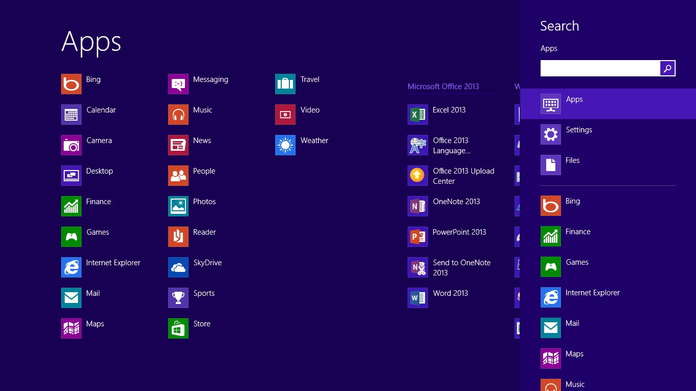The Start screen showing the search command involved. By default it shows all of the apps available to be searched along with an edit control. The Start screen showing the search command involved. By default it shows all of the apps available to be searched along with an edit control.