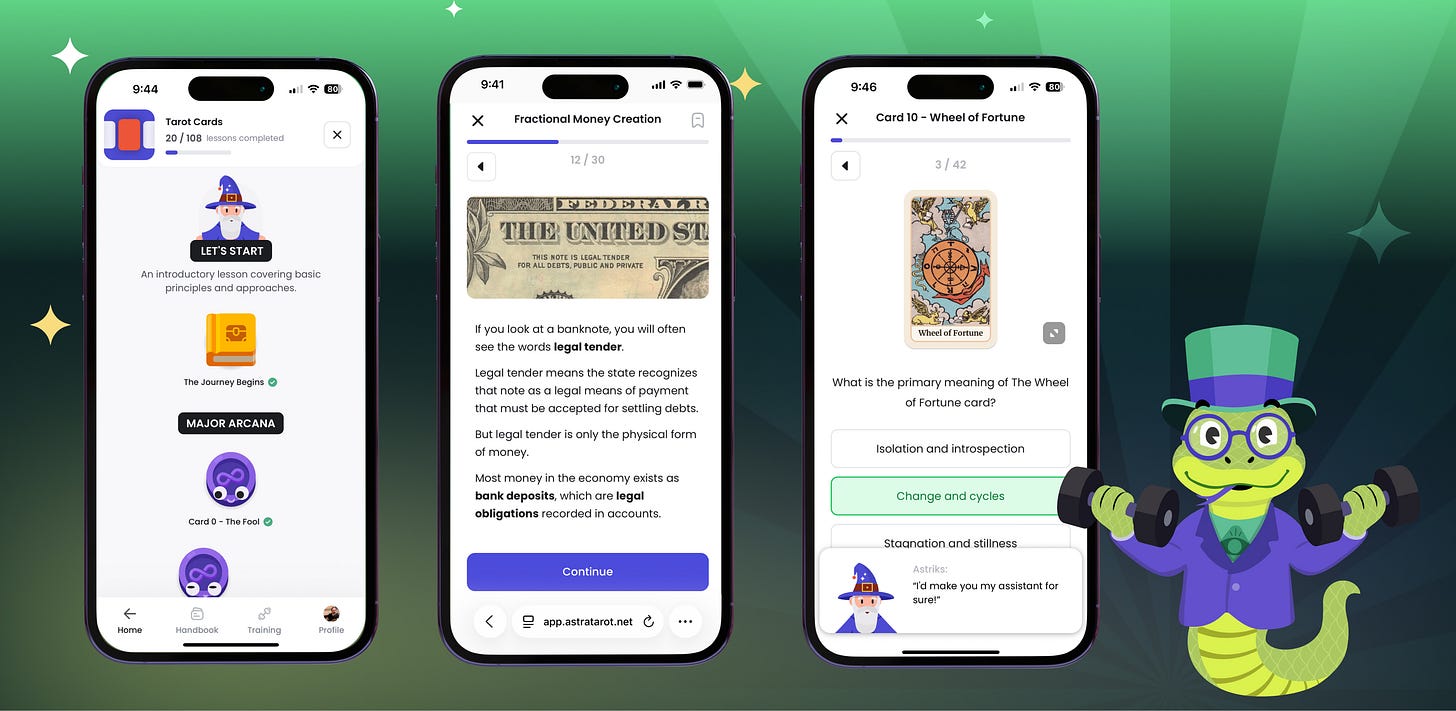 App screens showing a tarot lesson and a card meaning, with the lizard mascot beside them. App screens showing a tarot lesson and a card meaning, with the lizard mascot beside them.