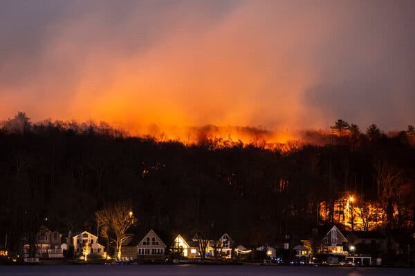 A sky turned red from wildfire smoke is seen behind a row of trees and houses. 