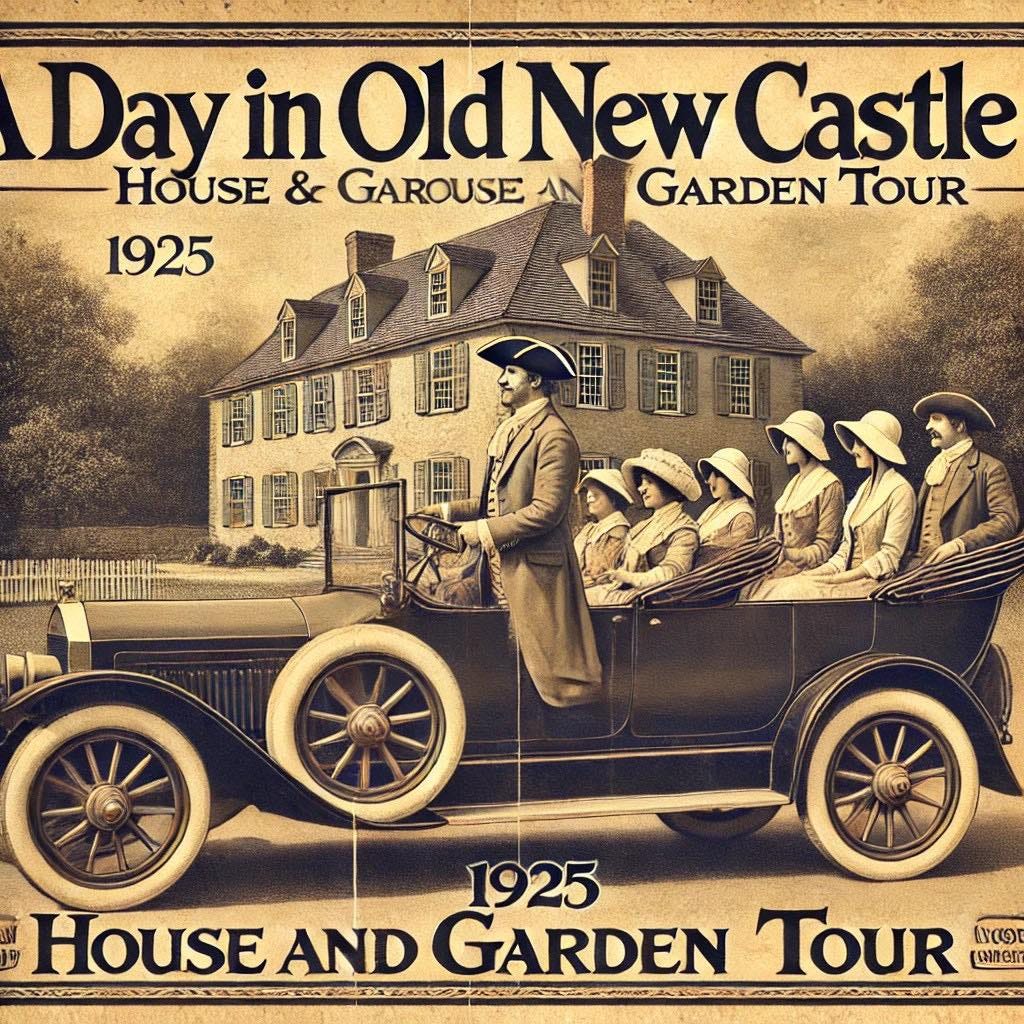 May be an image of 5 people and text that says 'Day in Old DldNewCastle New Castle HOUSE & GAROUSE AN GARDEN TOUR 1925 BE 1925 B HOusE AND GARDEN TOUR [Hner'