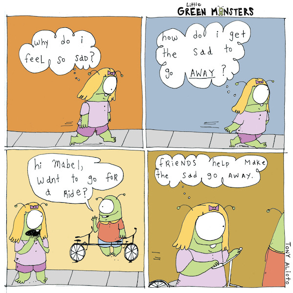 Mabel walks sadly down the sidewalk. Mabel thinks, “ How do I make the sad go away.” Gene comes up to her with a double bicycle. He asks if she wants to go for a ride. Mabel says, “Friends make the sad go away.”