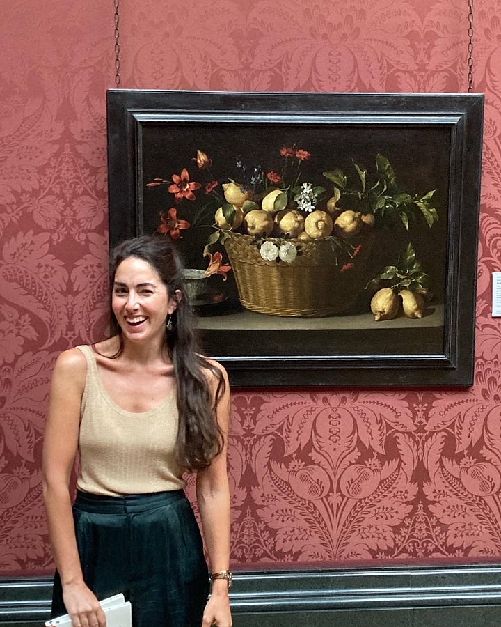 Images of the meditation workshop in Room 30 of the National Gallery. The painting shows a still life bowl of lemons, flowers, apple blossom and flowers. Workshop tutor Emma Mills also picture.