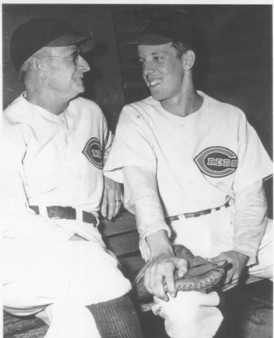 Joe Nuxhall talks to Reds manager Bill McKechnie. Joe Nuxhall talks to Reds manager Bill McKechnie.