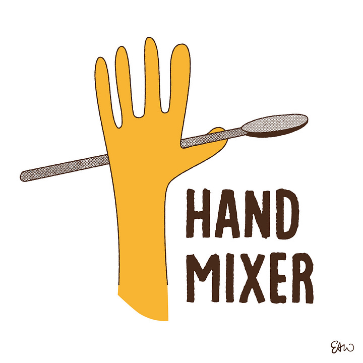 Spot illustration showing ketchup flavoured dippping sauce, a fresh coffee aroma diffuser, sprinkles made with salt & pepper, and a hand mixer.