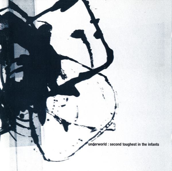 Underworld’s 1996 studio album, Second Toughest in the Infants (artwork by Tomato).; dark-blue and white abstract painting, album cover art image
