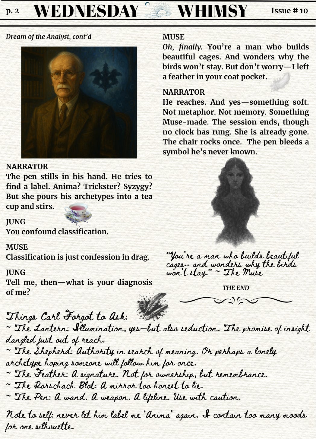Continuation of faux nespaper article featuring a conversation between Carl Jung and the Muse. Includes a surreal portrait of Carl Jung sitting pensively in a dim, symbolic room. One side behind him is a wooden bookshelf from a Swiss study; the other fades into a mythic forest with floating vines and a dark Rorschach inkblot hovering in the blue night, just behind his head and a parchment-toned Rorschach-style inkblot subtly resembling the silhouette of a woman—the Muse—with flowing hair and dark, knowing eyes. The shape is symmetrical and evocative, like a dream’s lingering impression.