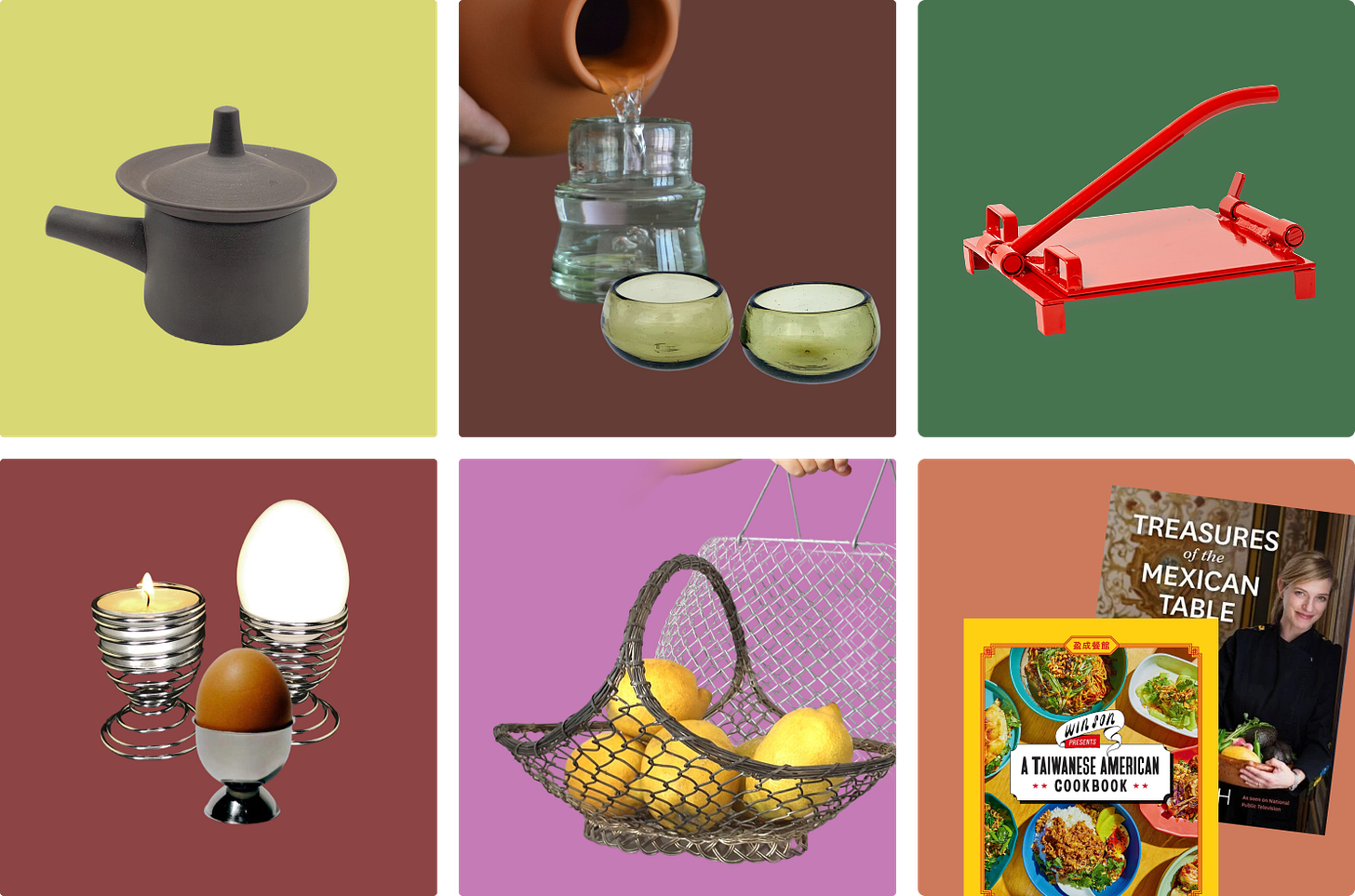dansk pot, mezcaleros, tortilla press, egg cup, french wire basket, cookbook