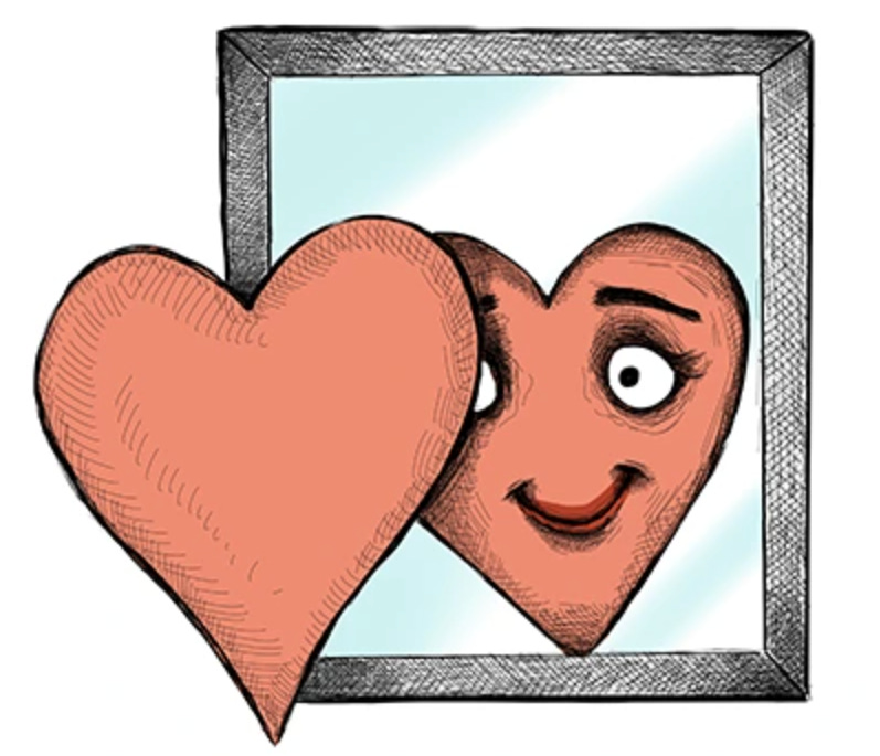 Cartoon heart smiling at herself in the mirror